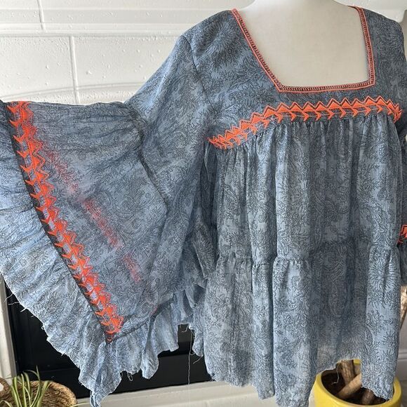 NWT Cousin Earl Lagenlook Florentine Blue Orange Bell SleevesTop Oversized Boho - Picture 14 of 16